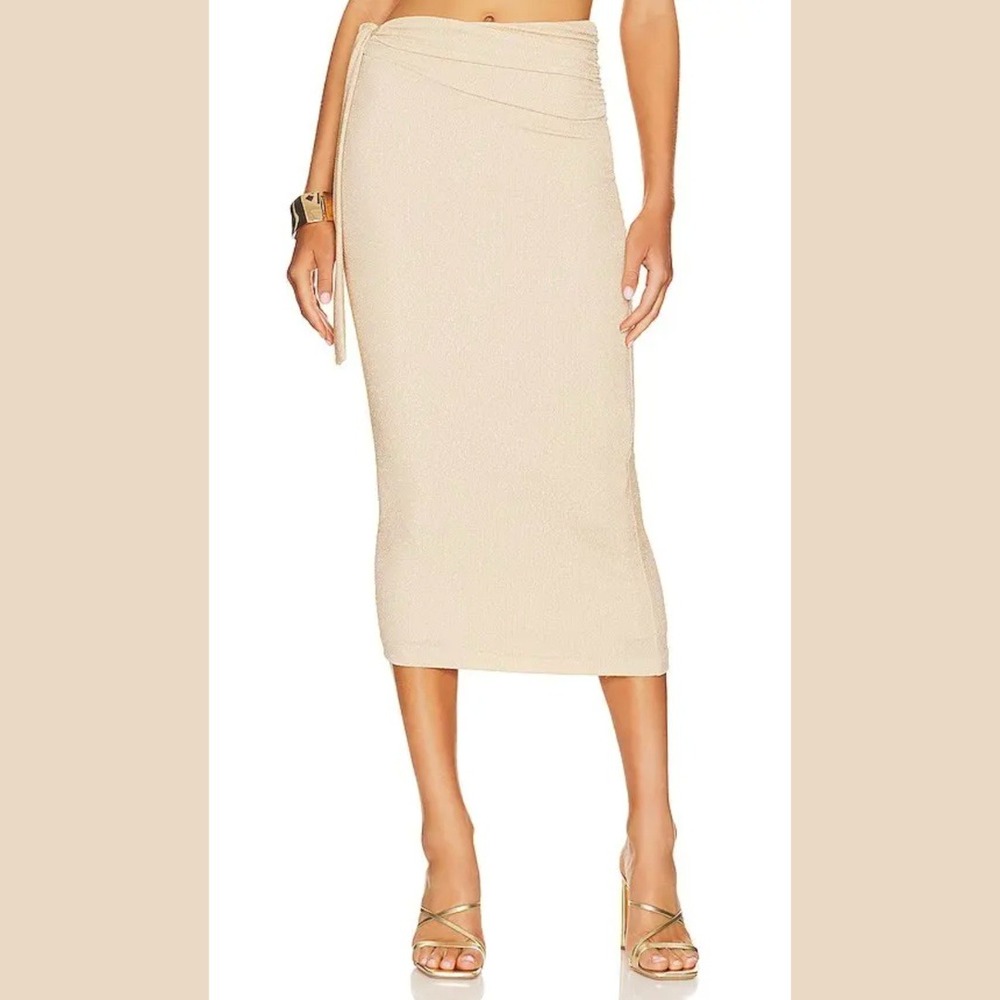 Camila Coelho Lygia‎ Midi Skirt Large Gold Metallic Ruched Drape Party Glam NEW